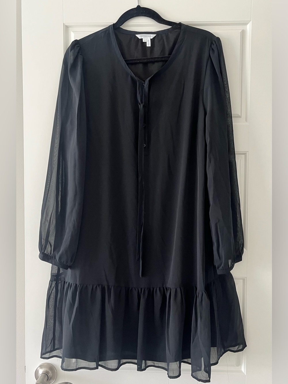 Women's Black Sheer Long-Sleeve Ruffle Dress